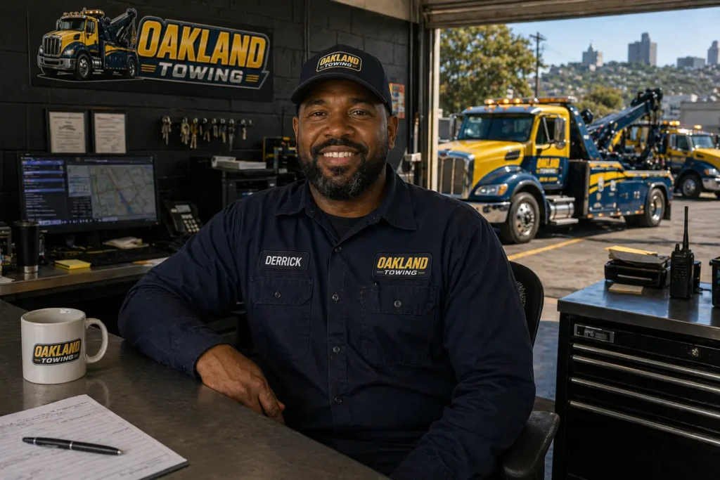oakland towing owner sitting in the office in his uniform