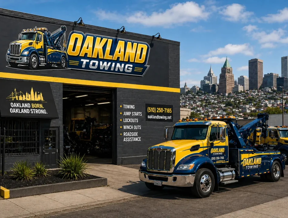 Oakland towing company office exterior , tow truck parked outside during the day