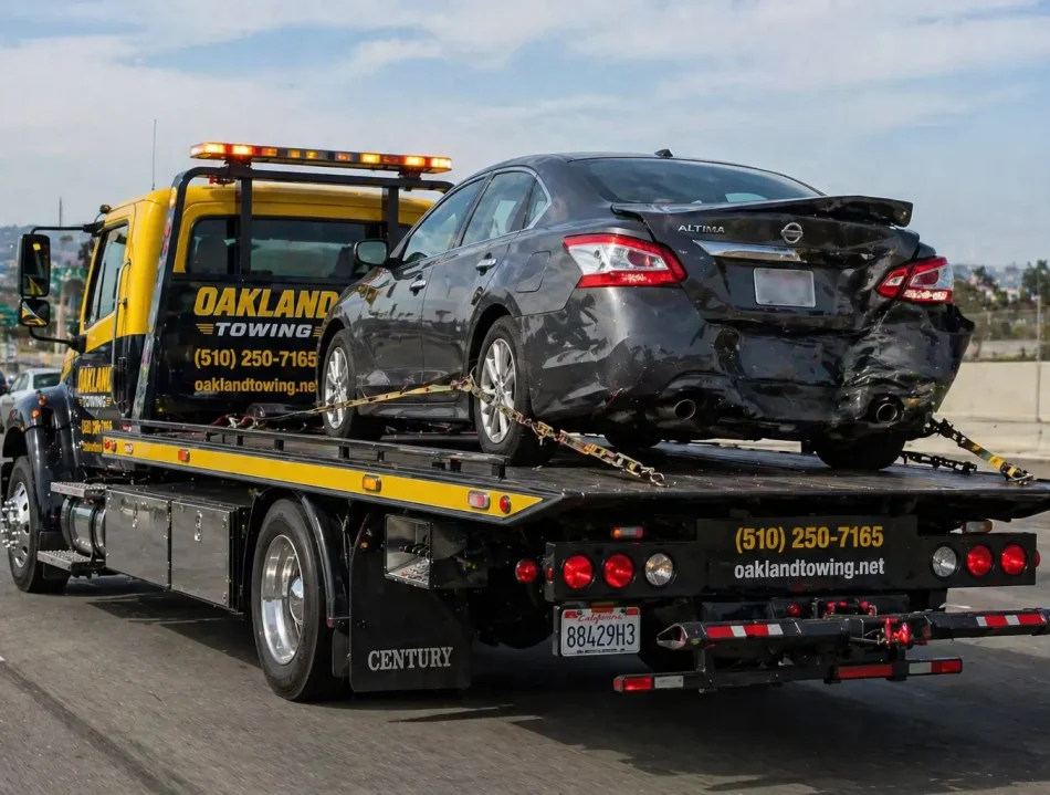 Car involved in an accident being towed away on flatbed tow truck on oakland I-880 freeway to autobody shop in oakland ca