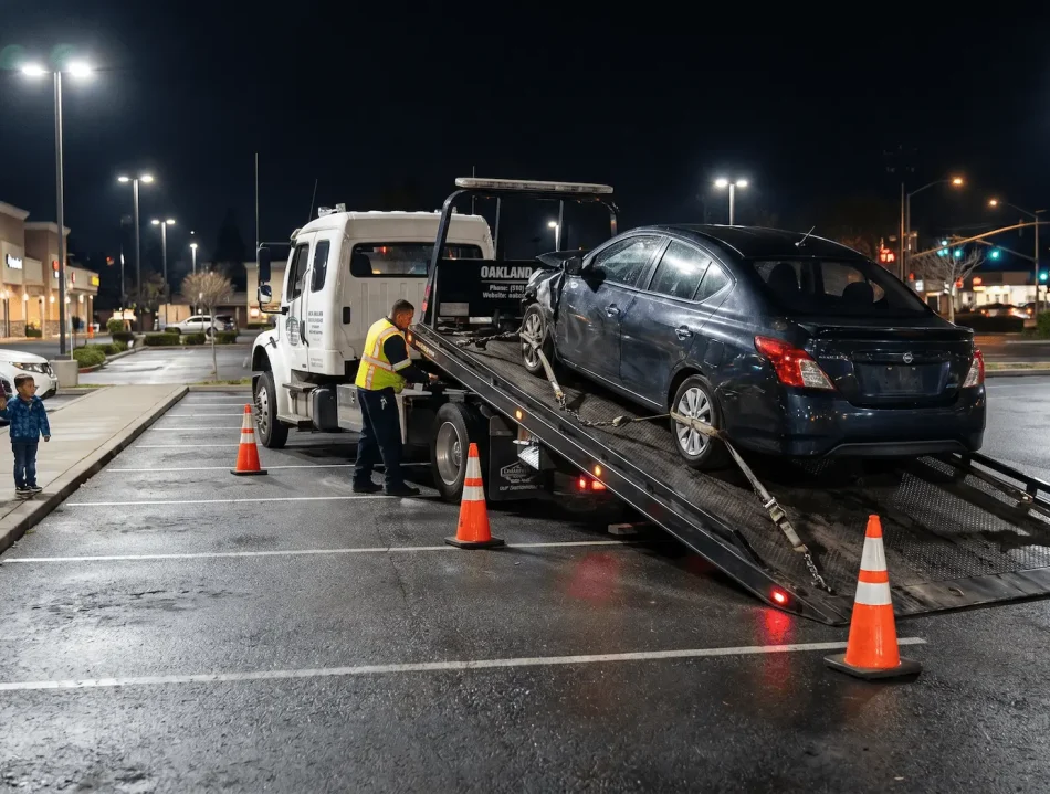 accident damaged car towed away from the shopping mall by oakland towing