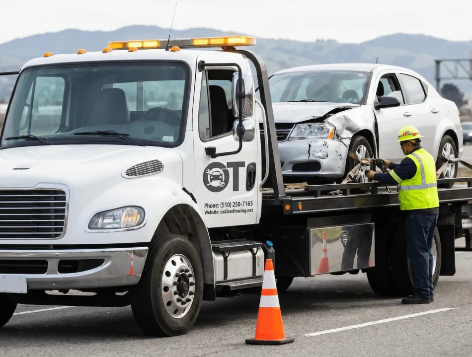 scraped vehicle pickup by Oakland towing's flatbed tow truck