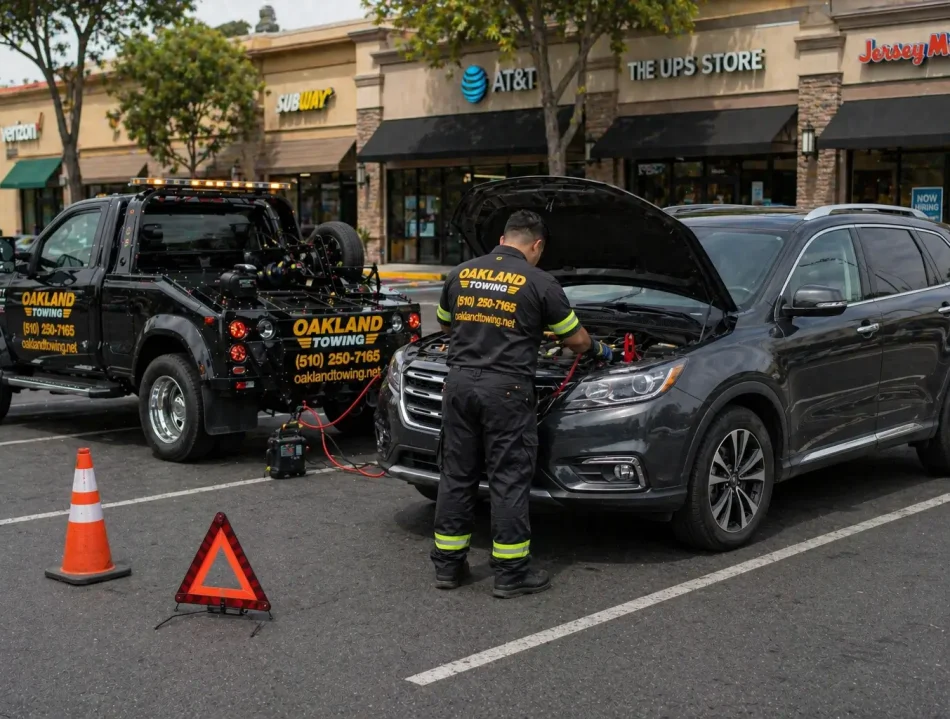 Vehicle battery died in the shopping mall parking lot, Oakland towing's technician providing vehicle roadside assistance by jumpstart battery