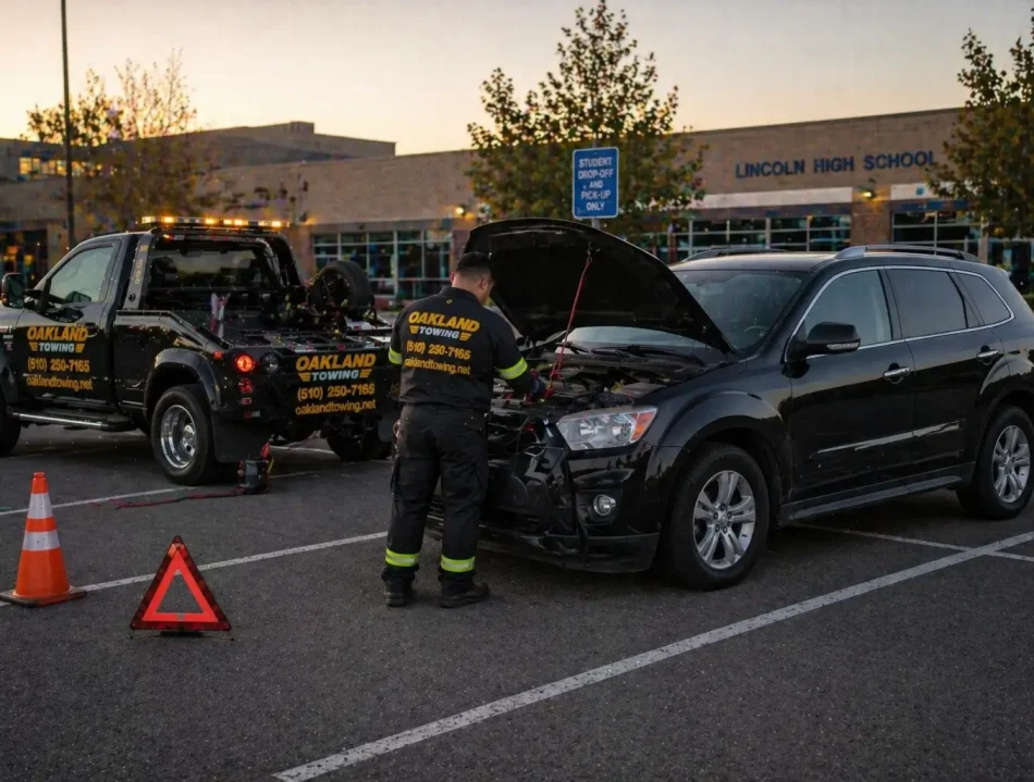 Vehicle battery died in the oakland high school campus, Oakland towing's technician providing vehicle roadside assistance by jumpstart battery