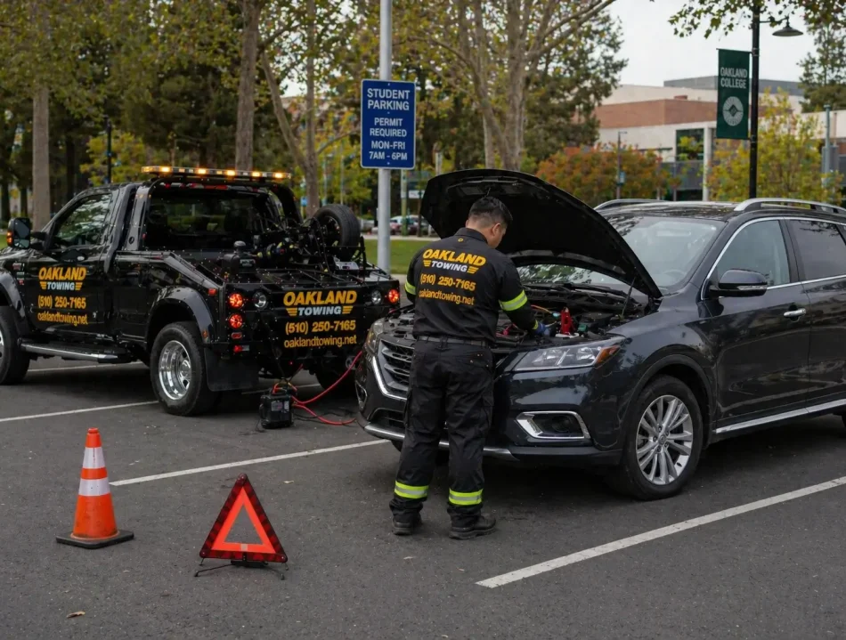 Vehicle battery died in the oakland college campus, Oakland towing's technician providing vehicle roadside assistance by jumpstart battery