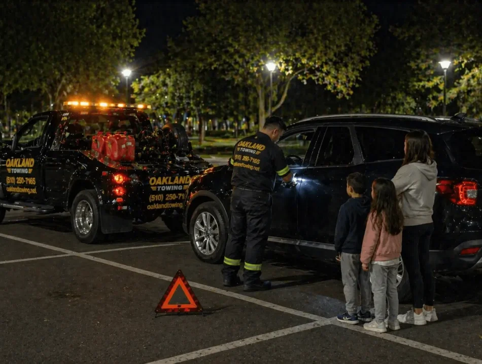 family locked out of car in the park, oakland towing's technician providing roadside assistance by unlocking their passenger van at night
