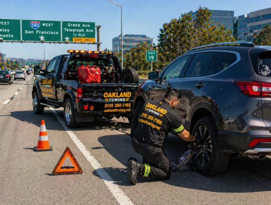 Oakland's towing technician providing flat tire change roadside assistance on i-580 freeway oakland
