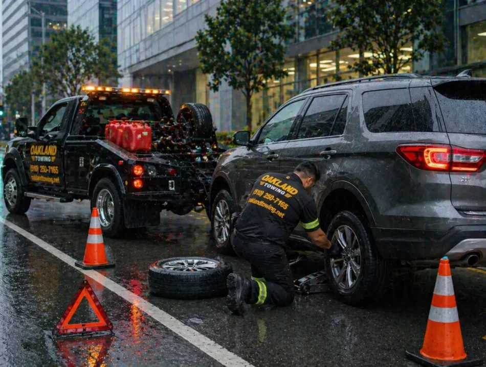 flat tire change roadside assistance in the oakland office building parking lot on a raining evening