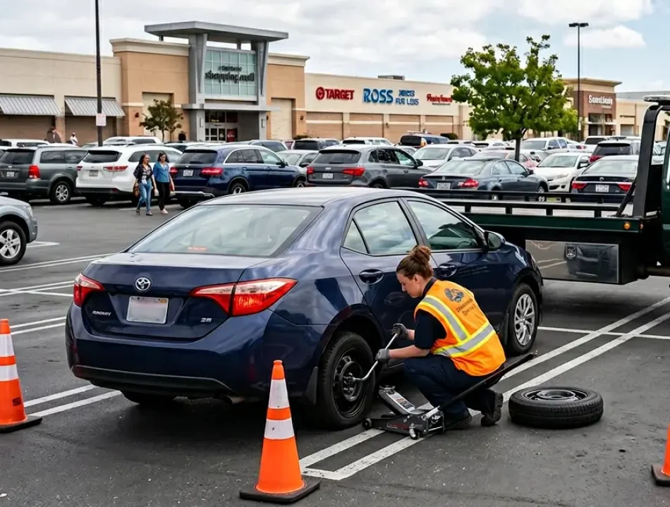 flat tire change roadside assistance in the shopping mall oakland by Oakland's towing company