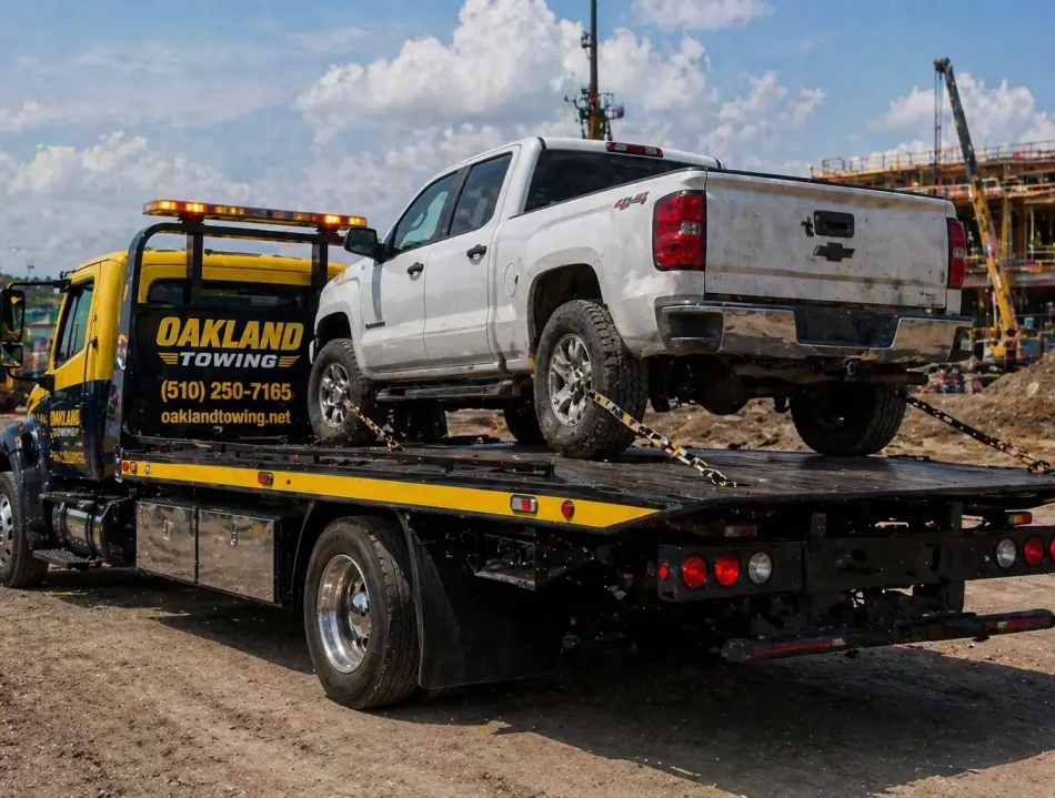 disabled pickup truck towed by Oakland towing on flatbed tow truck from the construction building site