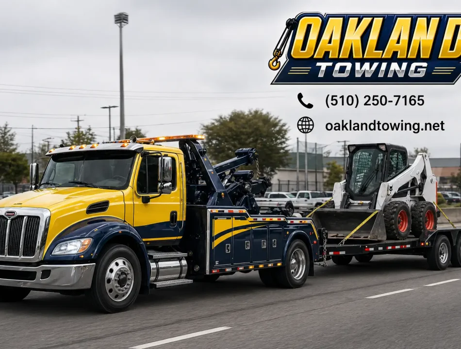 heavy equipment towed on trailer by oakland towing service on I-880 freeway