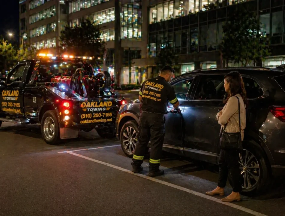 passenger locked out of car, oakland towing's technician providing roadside assistance in oakland office building