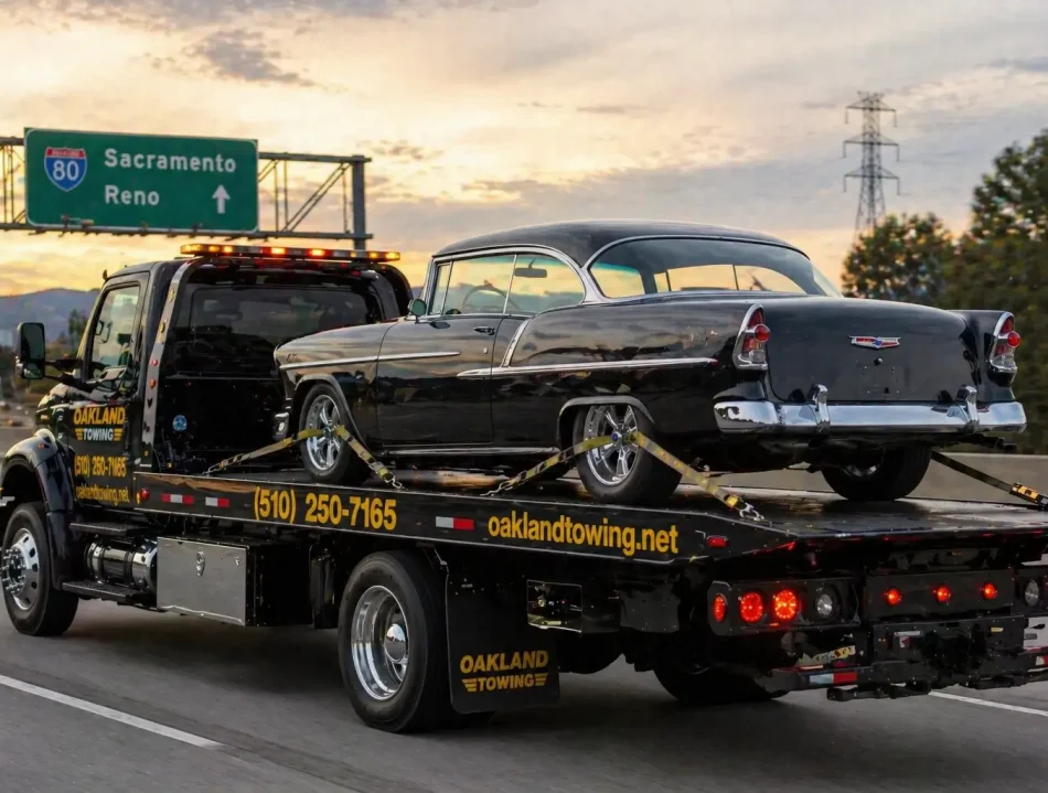Classic car towed on flatbed tow truck for long distance inter state towing from oakland, ca