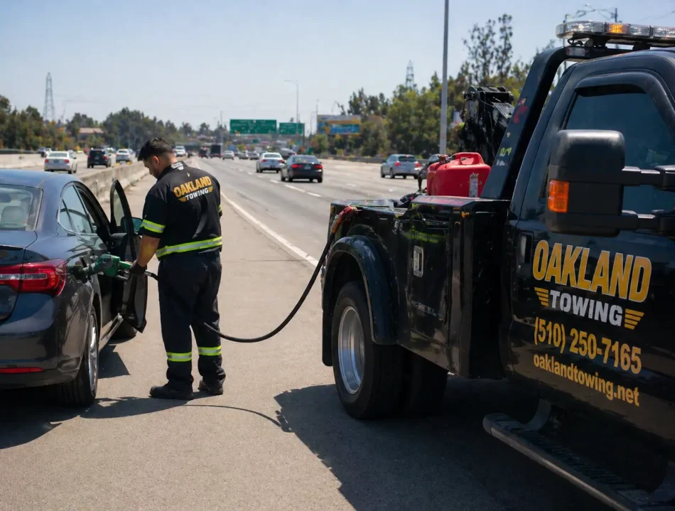 technician delivering and filling out gas in the car ran out of gas on i-1880 freeway roadside assistance
