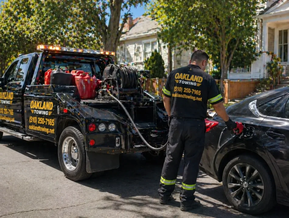 technician delivering and filling out gas in the car ran out of gas by their house roadside assistance