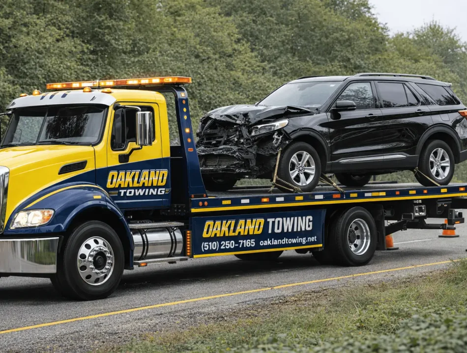 suv disabled in accident, towed by towing oakland on flatbed tow truck