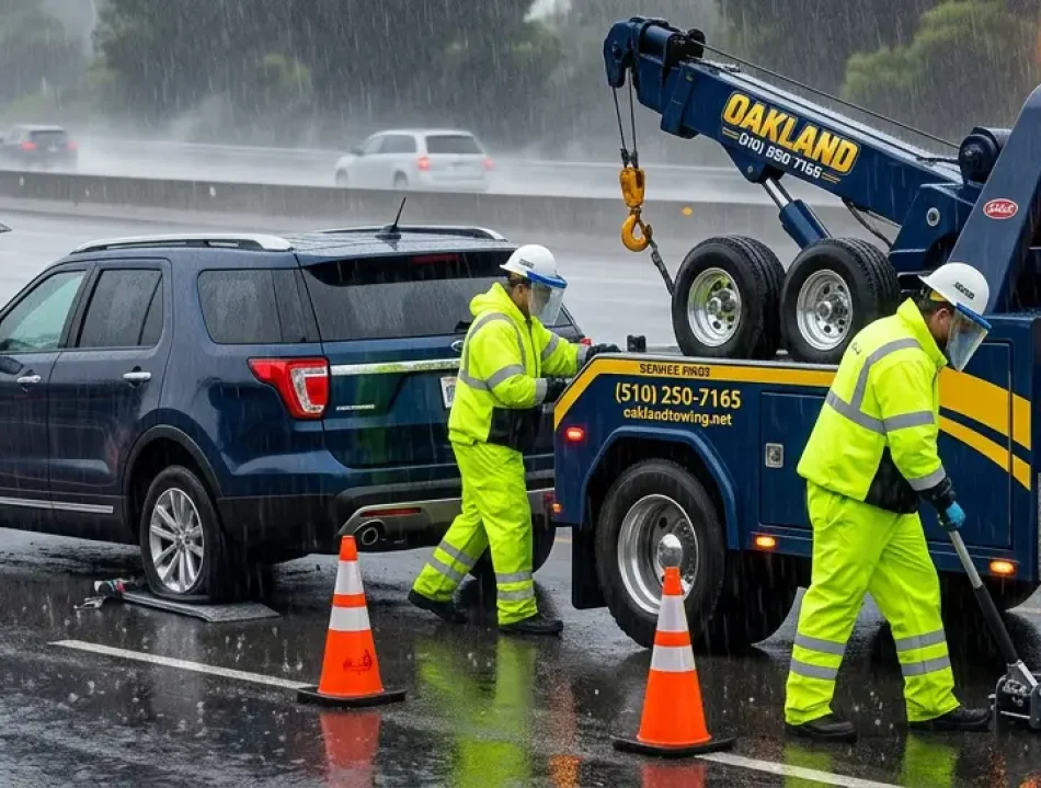 suv flat tire being provided roadside assistance on freeway in oakland ca by oakland towing