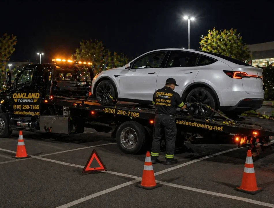 technician mounting Tesla EV on flatbed tow truck to nearby electric charger in oakland, ca