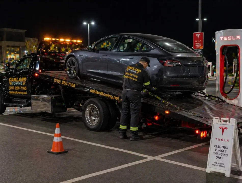 technician brought Tesla EV on flatbed tow truck to nearby electric charger in oakland, ca