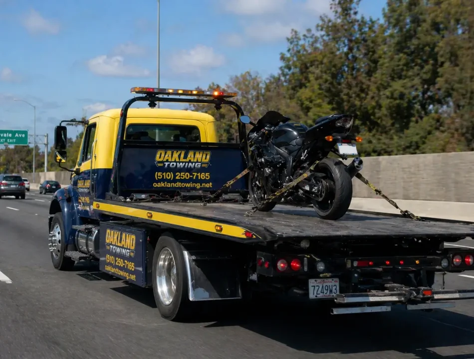 motorbike towed on flatbed truck on freeway in oakland, ca