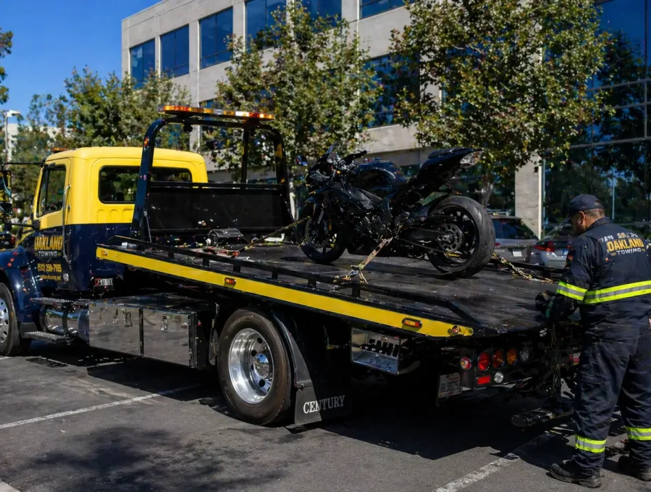 technician securing and towing motorbike on flatbed tow truck from the office building in oakland, ca