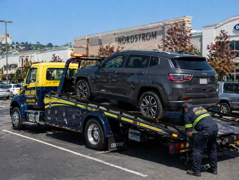 disabled suv towed on flatbed truck from the shopping mall by oakland towing company