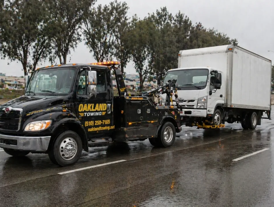 towing non-running medium duty truck on the rainy wet road in oakland ca