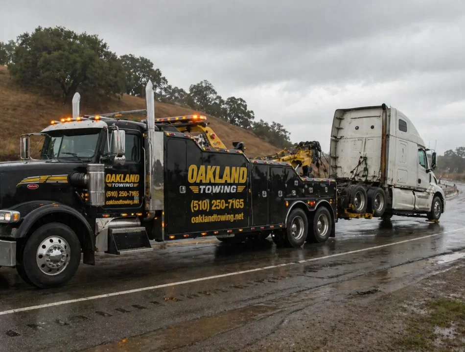 Oakland towing company hauling away stalled semi-truck freeway oakland